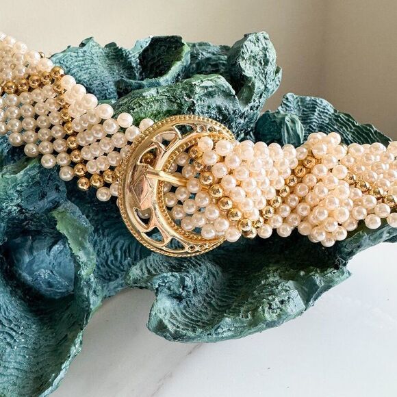Vintage Faux Pearl and Gold Belt Womens Bridal Statement Accessory